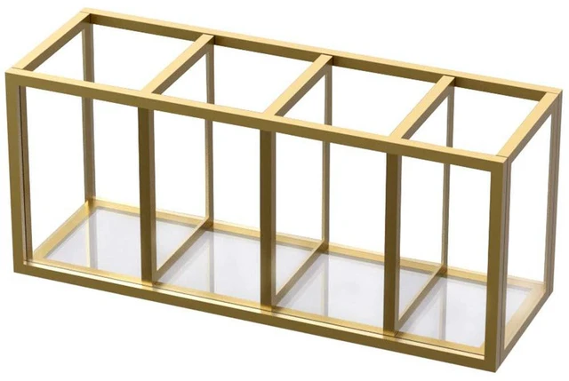 Main image of Gold Acrylic Pen Holder 4 Compartments, Desk Office Pencil Cup Desk Scratch-resistant thick acrylic with 4 slots for pens, pencils, makeup brushes, office, vanity and school use
