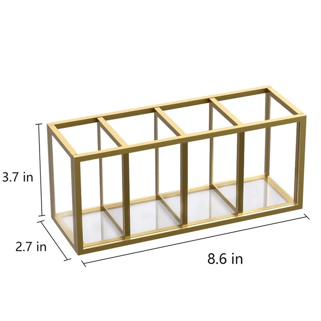 Alt view image 2 of 7 - Gold Acrylic Pen Holder 4 Compartments, Desk Office Pencil Cup Desk Scratch-resistant thick acrylic with 4 slots for pens, pencils, makeup brushes, office, vanity and school use