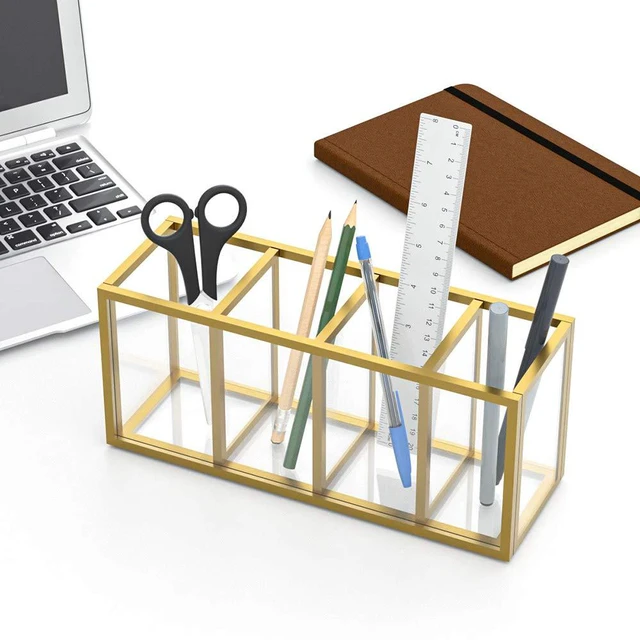 Alt view image 3 of 7 - Gold Acrylic Pen Holder 4 Compartments, Desk Office Pencil Cup Desk Scratch-resistant thick acrylic with 4 slots for pens, pencils, makeup brushes, office, vanity and school use