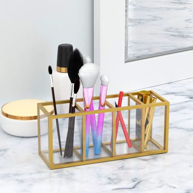 Alt view image 4 of 7 - Gold Acrylic Pen Holder 4 Compartments, Desk Office Pencil Cup Desk Scratch-resistant thick acrylic with 4 slots for pens, pencils, makeup brushes, office, vanity and school use