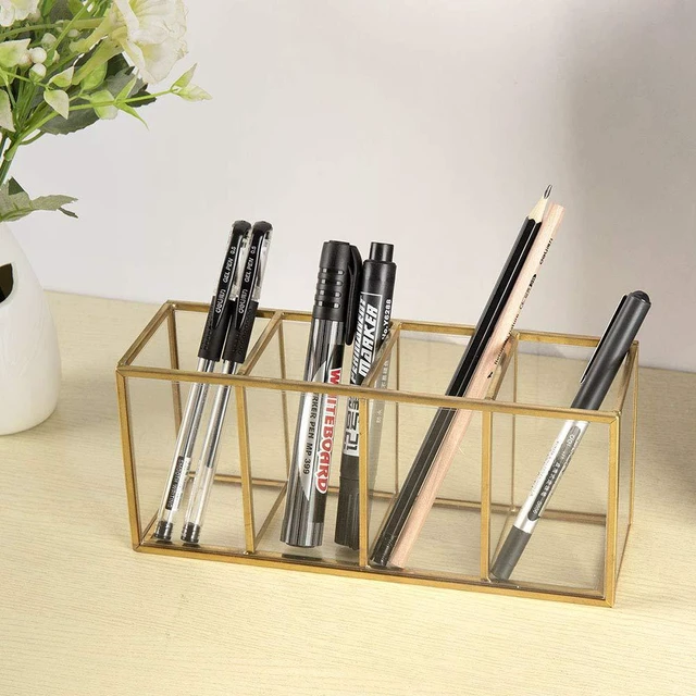 Alt view image 5 of 7 - Gold Acrylic Pen Holder 4 Compartments, Desk Office Pencil Cup Desk Scratch-resistant thick acrylic with 4 slots for pens, pencils, makeup brushes, office, vanity and school use