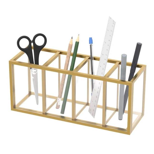 Alt view image 7 of 7 - Gold Acrylic Pen Holder 4 Compartments, Desk Office Pencil Cup Desk Scratch-resistant thick acrylic with 4 slots for pens, pencils, makeup brushes, office, vanity and school use
