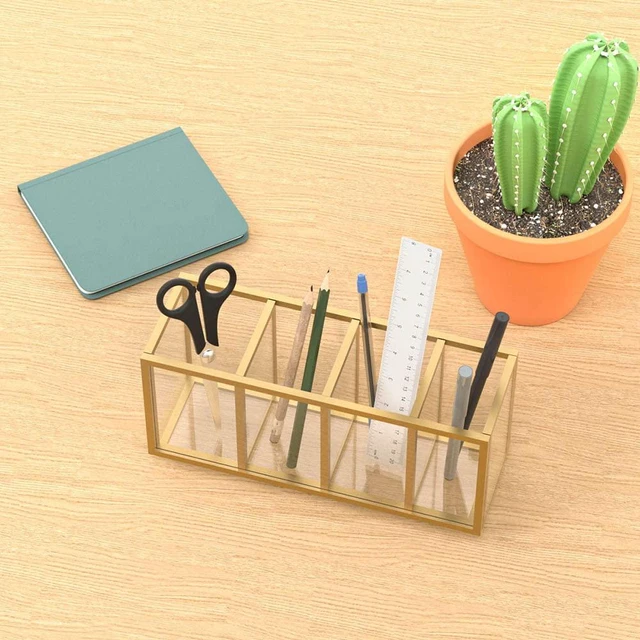 Alt view image 6 of 7 - Gold Acrylic Pen Holder 4 Compartments, Desk Office Pencil Cup Desk Scratch-resistant thick acrylic with 4 slots for pens, pencils, makeup brushes, office, vanity and school use