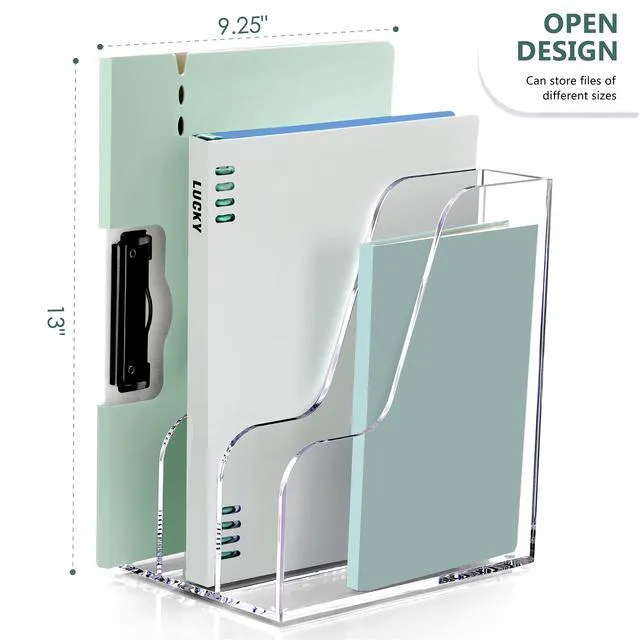 Alt view image 3 of 7 - Clear Vertical Magazine File Holder, Acrylic Desk Organizer and Storage Bins Holding for Magazines Binders, Notebooks, Envelopes A4 Folder Binder Holders Sorter, 3 Compartments