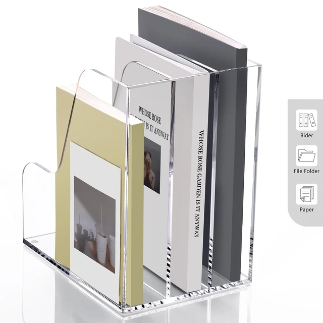 Alt view image 6 of 7 - Clear Vertical Magazine File Holder, Acrylic Desk Organizer and Storage Bins Holding for Magazines Binders, Notebooks, Envelopes A4 Folder Binder Holders Sorter, 3 Compartments
