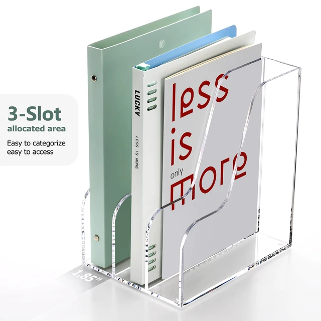 Alt view image 7 of 7 - Clear Vertical Magazine File Holder, Acrylic Desk Organizer and Storage Bins Holding for Magazines Binders, Notebooks, Envelopes A4 Folder Binder Holders Sorter, 3 Compartments