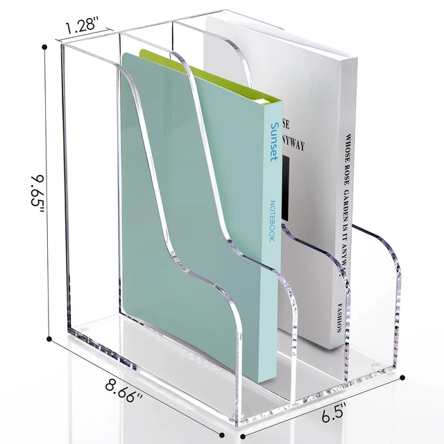 Alt view image 2 of 7 - Clear Vertical Magazine File Holder, Acrylic Desk Organizer and Storage Bins Holding for Magazines Binders, Notebooks, Envelopes A4 Folder Binder Holders Sorter, 3 Compartments