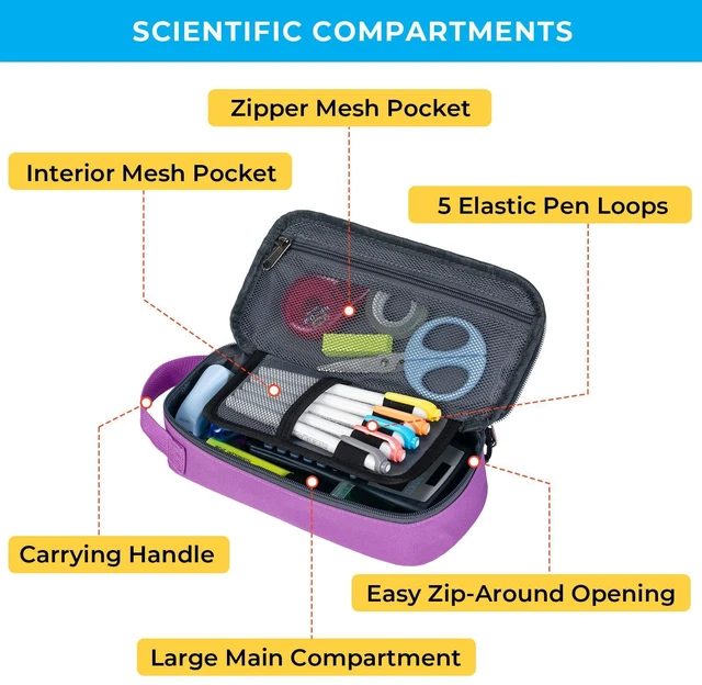 Alt view image 3 of 6 - Large Capacity Pencil Case with Hidden Pocket, 1200D Oxford Fabric Zipper Pencil Pouch with Handle, Multi-Pocket Stationery Organizer for Office, College, Travel and Daily Carry, Purple