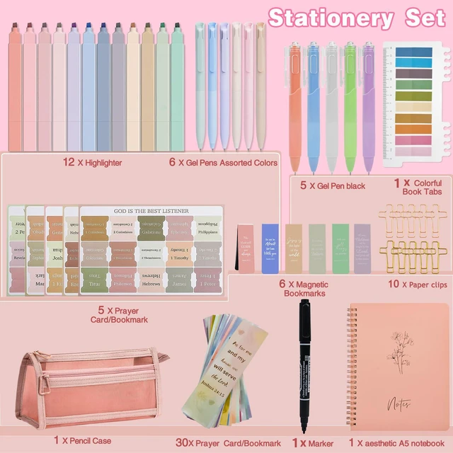 Alt view image 2 of 7 - 78-Piece Bible Study Supplies, Bible Journaling Kit for Women Bible journaling supplies with no-bleed highlighters, gel pens, tabs, bookmarks, cross clips, A5 journal and pencil case