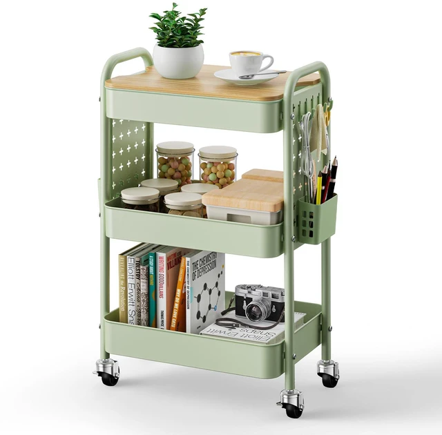 Main image of 3 Tier Rolling Cart with Table top, Metal Utility Cart with DIY Pegboard Sturdy Storage Organizer Cart with Locking Wheels,Hooks& Cups for Office, Classroom, Kitchen and Bathroom, Green