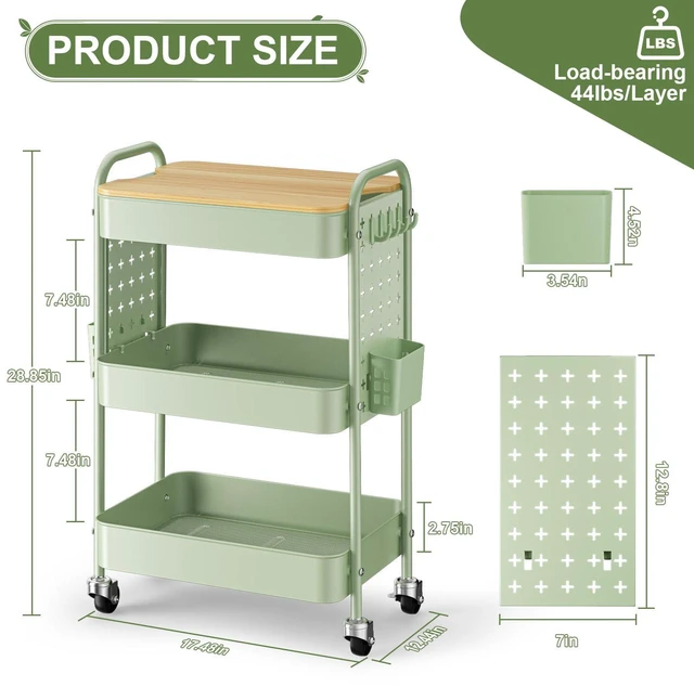 Alt view image 2 of 7 - 3 Tier Rolling Cart with Table top, Metal Utility Cart with DIY Pegboard Sturdy Storage Organizer Cart with Locking Wheels,Hooks& Cups for Office, Classroom, Kitchen and Bathroom, Green