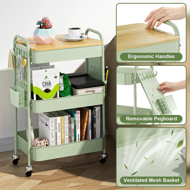 Alt view image 3 of 7 - 3 Tier Rolling Cart with Table top, Metal Utility Cart with DIY Pegboard Sturdy Storage Organizer Cart with Locking Wheels,Hooks& Cups for Office, Classroom, Kitchen and Bathroom, Green