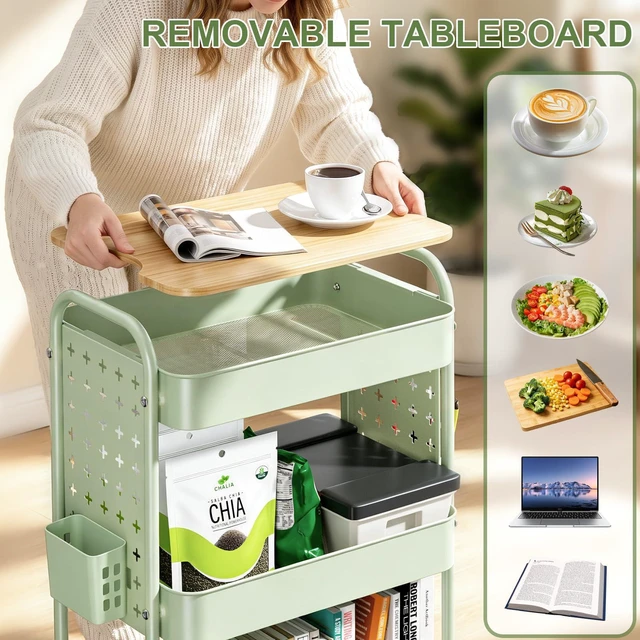Alt view image 4 of 7 - 3 Tier Rolling Cart with Table top, Metal Utility Cart with DIY Pegboard Sturdy Storage Organizer Cart with Locking Wheels,Hooks& Cups for Office, Classroom, Kitchen and Bathroom, Green