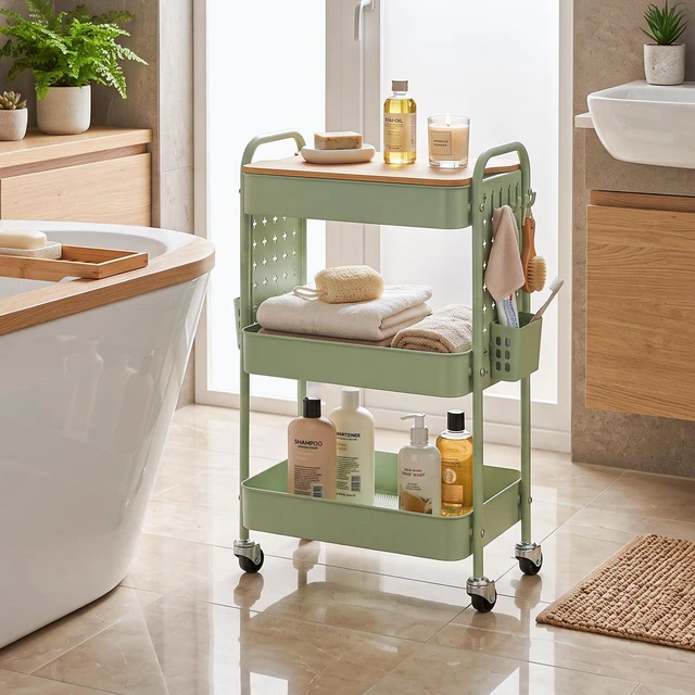 Alt view image 7 of 7 - 3 Tier Rolling Cart with Table top, Metal Utility Cart with DIY Pegboard Sturdy Storage Organizer Cart with Locking Wheels,Hooks& Cups for Office, Classroom, Kitchen and Bathroom, Green