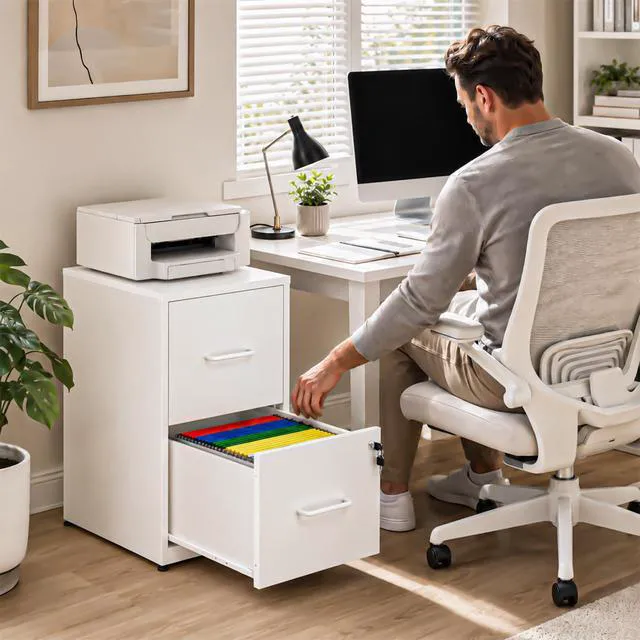 Alt view image 2 of 7 - 2 Drawer File Cabinet with Lock, Metal Vertical File Cabinets for Home Office, Office Furniture for Organization Hanging Legal/Letter/A4, Office File Cabinet Storage Cabinet, Require Assembly, White