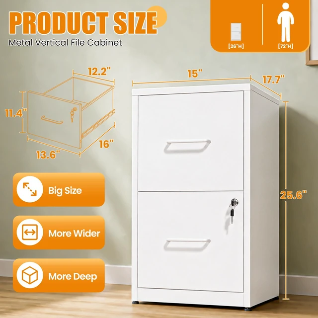 Alt view image 3 of 7 - 2 Drawer File Cabinet with Lock, Metal Vertical File Cabinets for Home Office, Office Furniture for Organization Hanging Legal/Letter/A4, Office File Cabinet Storage Cabinet, Require Assembly, White