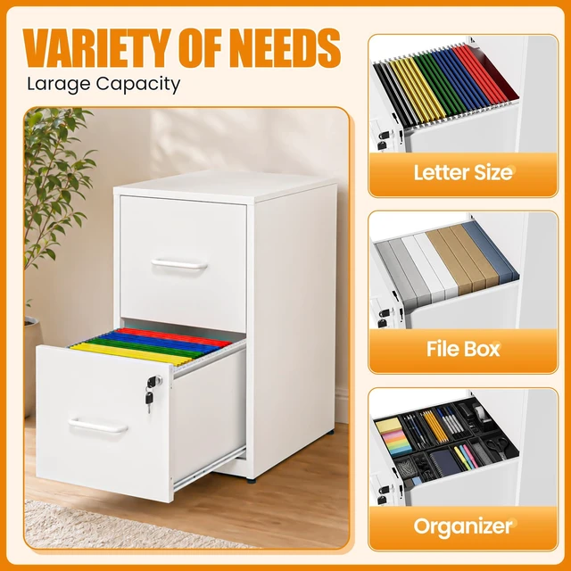 Alt view image 4 of 7 - 2 Drawer File Cabinet with Lock, Metal Vertical File Cabinets for Home Office, Office Furniture for Organization Hanging Legal/Letter/A4, Office File Cabinet Storage Cabinet, Require Assembly, White