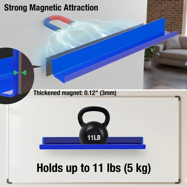 Alt view image 4 of 7 - 2 Pack Magnetic Book Shelf - Acrylic Reusable Display Panel for Whiteboards, Classrooms & Home, Adhesive-Free Storage with 11lb Capacity (Blue)