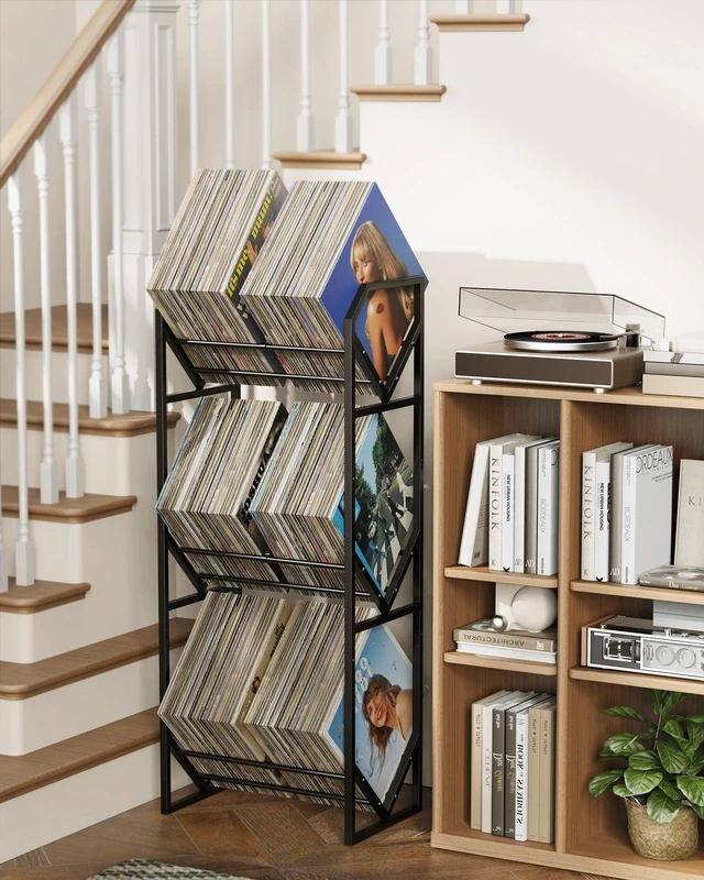Alt view image 5 of 7 - 3 Tier Vinyl Record Storage Rack, Metal Shelf Stores 300 LPs, Large Capacity Album Holder Stand with Reinforced Design for Albums, Magazine, Book