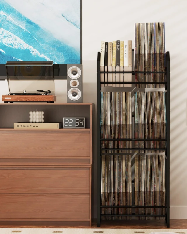 Alt view image 7 of 7 - 3 Tier Vinyl Record Storage Rack, Metal Shelf Stores 300 LPs, Large Capacity Album Holder Stand with Reinforced Design for Albums, Magazine, Book