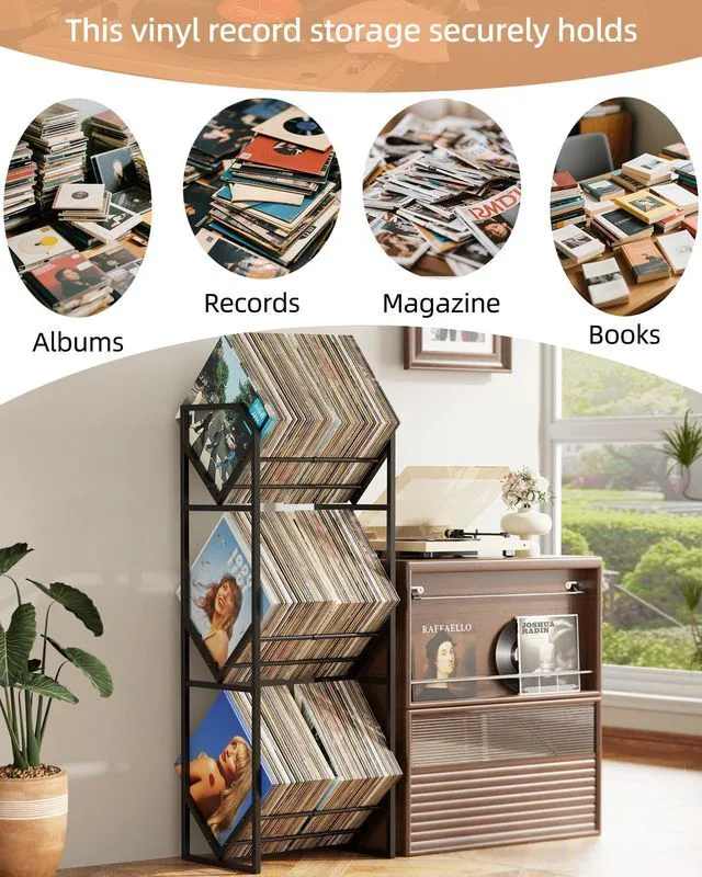 Alt view image 6 of 7 - 3 Tier Vinyl Record Storage Rack, Metal Shelf Stores 300 LPs, Large Capacity Album Holder Stand with Reinforced Design for Albums, Magazine, Book