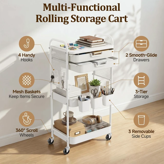 Alt view image 2 of 7 - 3 Tier Rolling Cart with 2 Drawers, Metal Utility Storage Carts with Wheels Kitchen Rolling Cart 4.5" Deep Basket, Mesh Side Panel with 3 Cups, 4 Hooks for Office, Bedside, Craft Storage Cart
