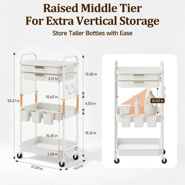 Alt view image 3 of 7 - 3 Tier Rolling Cart with 2 Drawers, Metal Utility Storage Carts with Wheels Kitchen Rolling Cart 4.5" Deep Basket, Mesh Side Panel with 3 Cups, 4 Hooks for Office, Bedside, Craft Storage Cart