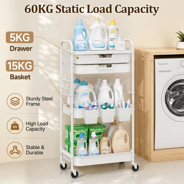 Alt view image 4 of 7 - 3 Tier Rolling Cart with 2 Drawers, Metal Utility Storage Carts with Wheels Kitchen Rolling Cart 4.5" Deep Basket, Mesh Side Panel with 3 Cups, 4 Hooks for Office, Bedside, Craft Storage Cart