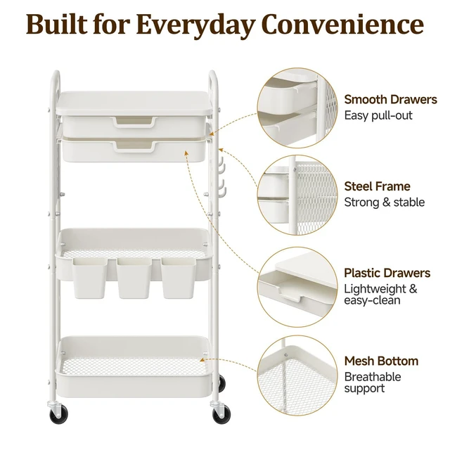 Alt view image 5 of 7 - 3 Tier Rolling Cart with 2 Drawers, Metal Utility Storage Carts with Wheels Kitchen Rolling Cart 4.5" Deep Basket, Mesh Side Panel with 3 Cups, 4 Hooks for Office, Bedside, Craft Storage Cart