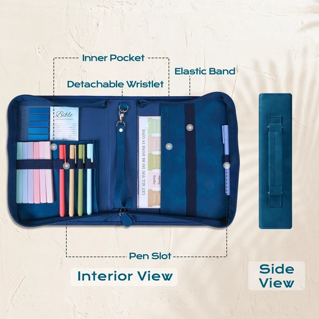 Alt view image 5 of 7 - Bible Cover Case for Women Leather Bible Bag Kit Church Book Holder Blue Journaling Kit Portable Carrying Organizer with Gold-Foiled Cross, Handle, Tabs,Study Supply Christian Gifts for Lady