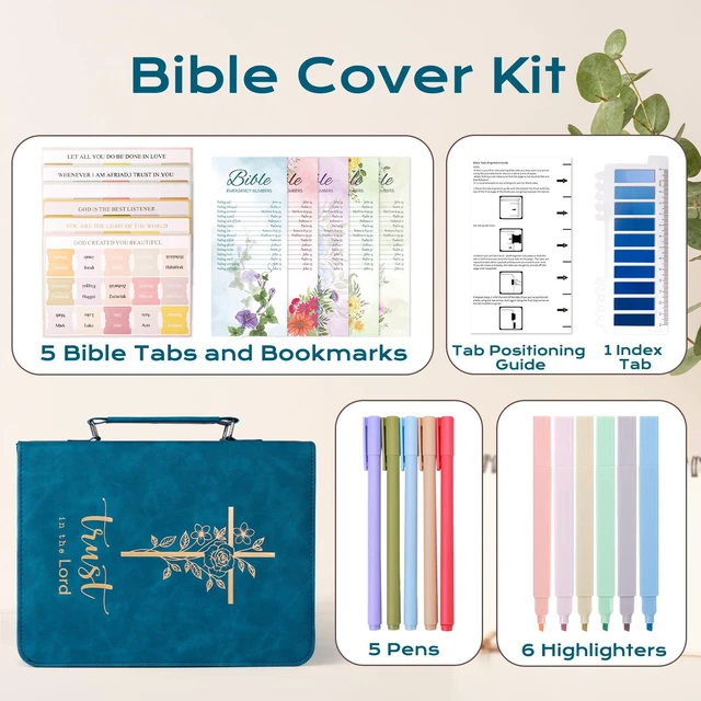 Alt view image 7 of 7 - Bible Cover Case for Women Leather Bible Bag Kit Church Book Holder Blue Journaling Kit Portable Carrying Organizer with Gold-Foiled Cross, Handle, Tabs,Study Supply Christian Gifts for Lady