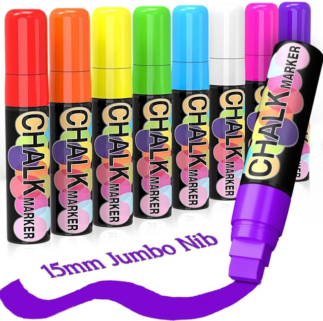 Main image of Window Paint Markers for Glass Washable: 8 Pack 15mm Jumbo Liquid Chalk Marker, Neon Glass Markers Pen, Wet Erase for Cars, Auto, White Board, Chalkboard, Black board, Tire, Mirrors, Bistro - 8 Colors