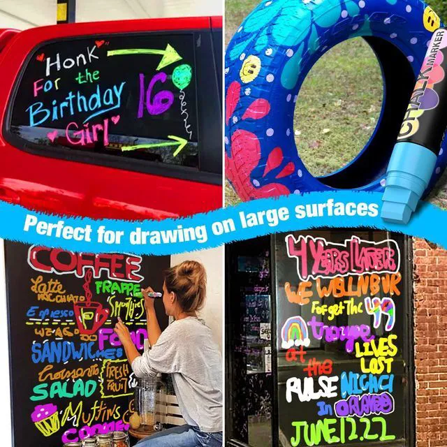 Alt view image 6 of 7 - Window Paint Markers for Glass Washable: 8 Pack 15mm Jumbo Liquid Chalk Marker, Neon Glass Markers Pen, Wet Erase for Cars, Auto, White Board, Chalkboard, Black board, Tire, Mirrors, Bistro - 8 Colors