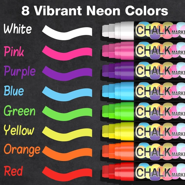 Alt view image 7 of 7 - Window Paint Markers for Glass Washable: 8 Pack 15mm Jumbo Liquid Chalk Marker, Neon Glass Markers Pen, Wet Erase for Cars, Auto, White Board, Chalkboard, Black board, Tire, Mirrors, Bistro - 8 Colors