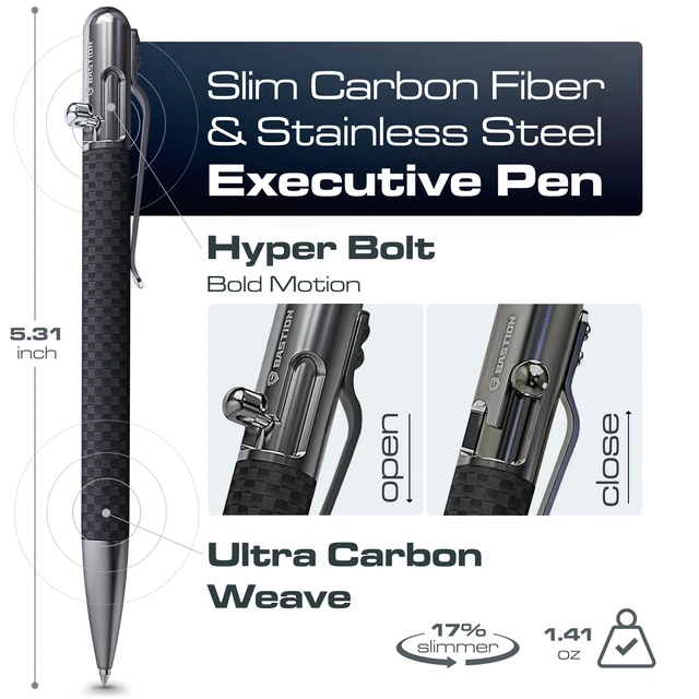 Alt view image 2 of 7 - Slim Bolt Action Pen, Carbon Fiber & Steel, Durable Pocket Pen Executive Gift for Professionals, Premium Metal Writing Pen, 17% slimmer, carbon fiber & stainless steel, 2 free refills