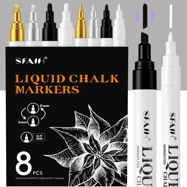 Main image of 4 Colors Liquid Chalk Markers for Blackboard, Gold Silver Black White Wet Erase No Residue, 2mm/6mm Reversible & 0.7mm Fine Tip - Decorative, Holiday Party, Chalkboard, Glass Board, Car Window
