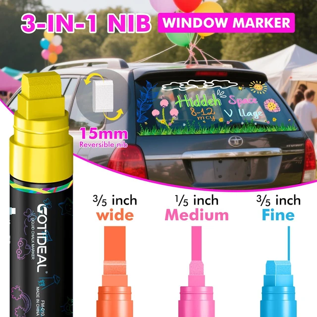 Alt view image 3 of 7 - Chalk Markers, Car Markers Washable for Auto, Car Window Markers 15mm Jumbo Liquid Chalk Markers, Car Window Paint for Glass, Mirror, Chalkboard and Blackboard, 12 Colors, 3-in-1 Thick Tip