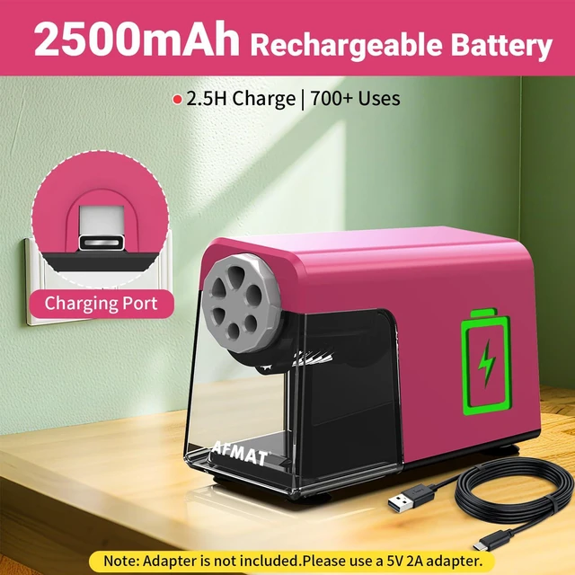 Alt view image 6 of 7 - 6-Hole Electric Pencil Sharpener for Classroom, Cordless & Rechargeable, Heavy Duty Pencil Sharpeners for 6-11mm Colored Pencils, Auto Stop, Super Fast, 10,000+ Sharpenings, Battery Powered PSD1