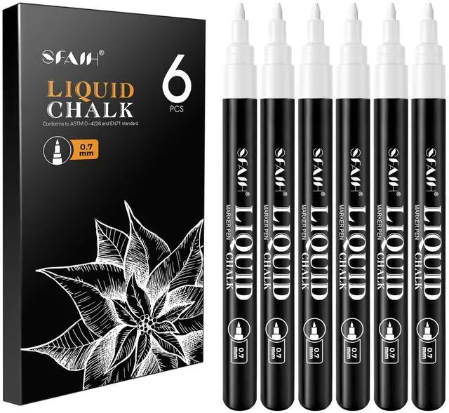 Main image of White Liquid Chalk Markers for Blackboard Glass, 6 Pack, 0.7mm Tip Wet Erase No Residue, Opaque Chalkboard Marker for Chalkboard, Bistro Menu, Business Sign, Windows, Label, Non-Toxic No Dust