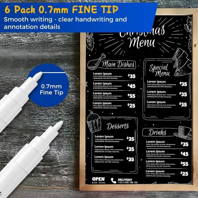 Alt view image 3 of 7 - White Liquid Chalk Markers for Blackboard Glass, 8 Pack, 0.7mm Tip Wet Erase No Residue, Opaque Chalkboard Marker for Chalkboard, Bistro Menu, Business Sign, Windows, Label, Non-Toxic No Dust