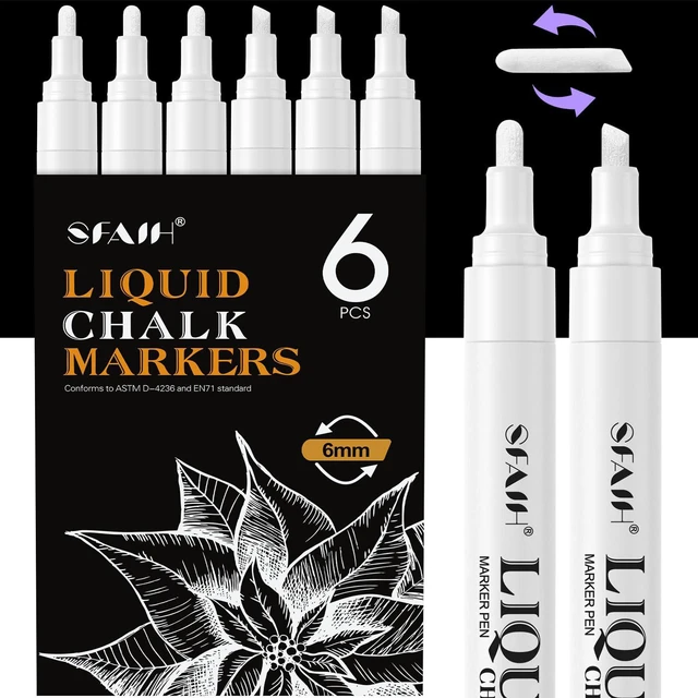 Main image of White Liquid Chalk Markers for Blackboard Glass, 6 Pack, 6mm Tip Wet Erase No Residue, Opaque Chalkboard Marker for Chalkboard, Bistro Menu, Business Sign, Windows, Label, Non-Toxic No Dust