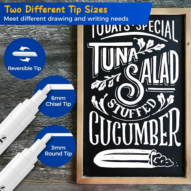 Alt view image 2 of 7 - White Liquid Chalk Markers for Blackboard Glass, 6 Pack, 6mm Tip Wet Erase No Residue, Opaque Chalkboard Marker for Chalkboard, Bistro Menu, Business Sign, Windows, Label, Non-Toxic No Dust
