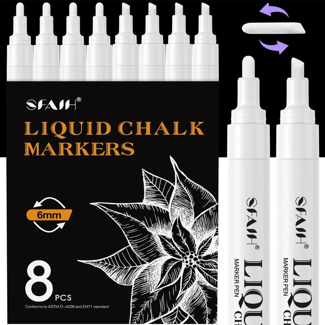 Main image of White Liquid Chalk Markers for Blackboard Glass, 8 Pack, 6mm Tip Wet Erase No Residue, Opaque Chalkboard Marker for Chalkboard, Bistro Menu, Business Sign, Windows, Label, Non-Toxic No Dust