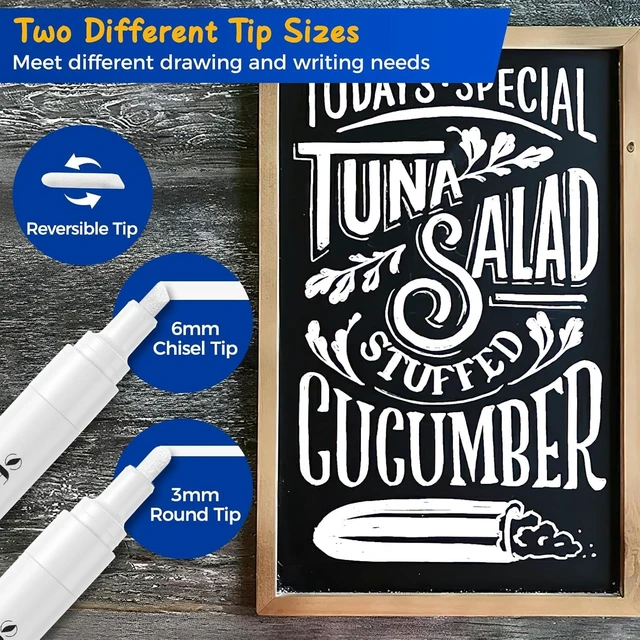Alt view image 3 of 7 - White Liquid Chalk Markers for Blackboard Glass, 8 Pack, 6mm Tip Wet Erase No Residue, Opaque Chalkboard Marker for Chalkboard, Bistro Menu, Business Sign, Windows, Label, Non-Toxic No Dust