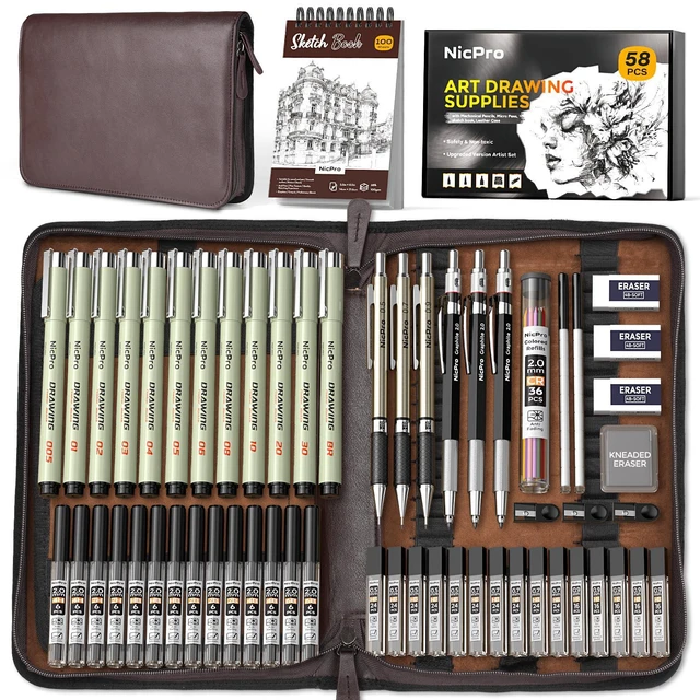 Main image of 58PCS Art Drawing Supplies Kit, Leather Case, Art Supplies for Adult Sketching Kit with 12 Micron Pen, 6 Art Mechanical Pencil Set 0.5-2mm, 100 Sheets Sketch Book, Best Gift for Artist Teen