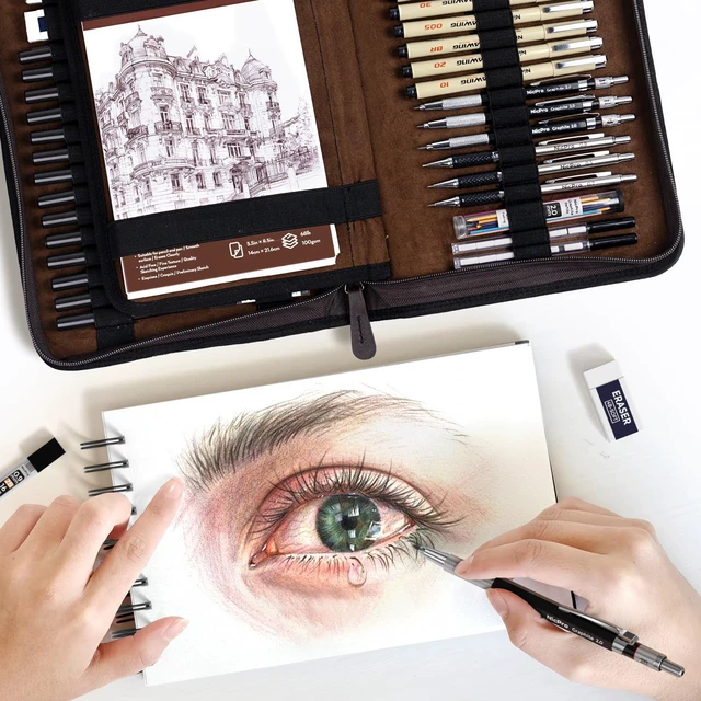 Alt view image 5 of 7 - 58PCS Art Drawing Supplies Kit, Leather Case, Art Supplies for Adult Sketching Kit with 12 Micron Pen, 6 Art Mechanical Pencil Set 0.5-2mm, 100 Sheets Sketch Book, Best Gift for Artist Teen