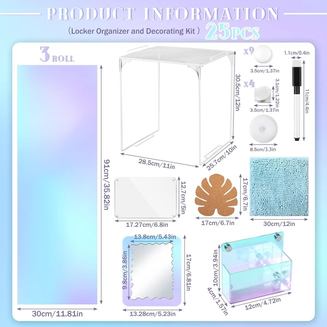 Alt view image 2 of 6 - 25 Pcs Locker Accessories, Locker Wallpaper,Gradient,Colorful Iridescent, Locker Organizer, First Day of School Essentials, Shelf Mirror LED Light Pen Holder Magnetic Dry Erase Board, Rug