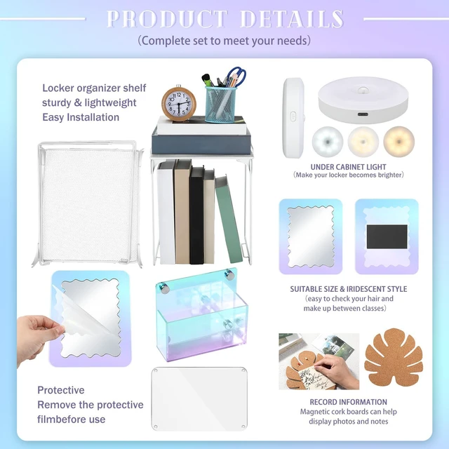 Alt view image 4 of 6 - 25 Pcs Locker Accessories, Locker Wallpaper,Gradient,Colorful Iridescent, Locker Organizer, First Day of School Essentials, Shelf Mirror LED Light Pen Holder Magnetic Dry Erase Board, Rug