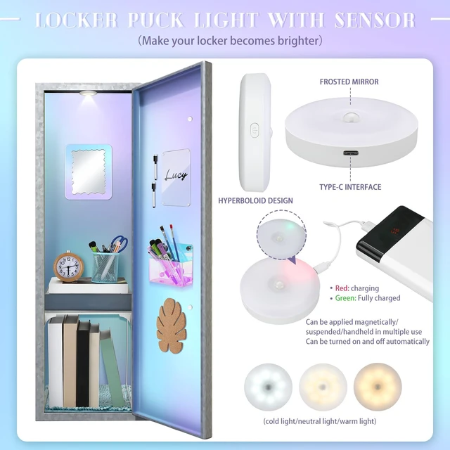 Alt view image 3 of 6 - 25 Pcs Locker Accessories, Locker Wallpaper,Gradient,Colorful Iridescent, Locker Organizer, First Day of School Essentials, Shelf Mirror LED Light Pen Holder Magnetic Dry Erase Board, Rug