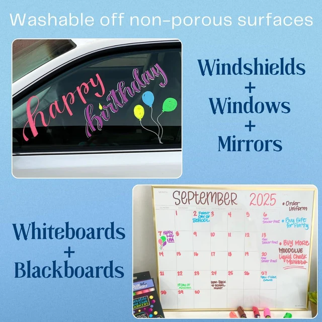 Alt view image 4 of 7 - Liquid chalk markers washable, erasable, dry or wet erase. 6 neon markers for whiteboards, glass boards, mirrors, chalkboards, windows, car windshields, glass. Non-toxic, reverse tip pens